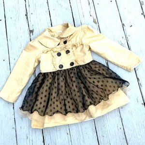 Girls Boutique Tan Black Tulle Ruffle Trim Button Up Trench Rain Coat Jacket 6 7